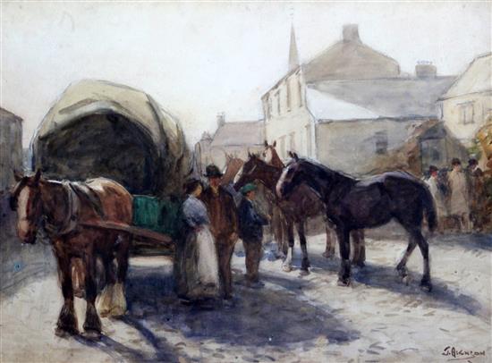 John Atkinson (1863-1924) Horse fair in a village 15.75 x 22in.